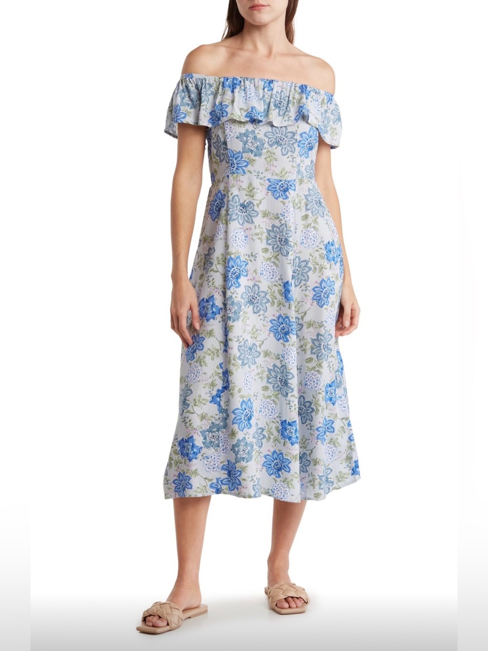 Lucky Brand Off-Shoulder Blue Floral Midi Dress
